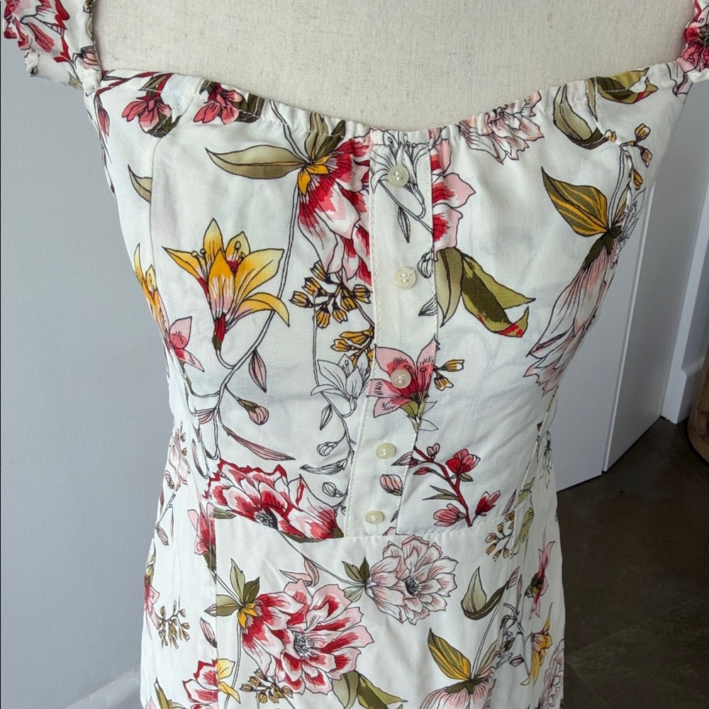 Floral Off-Shoulder Maxi Dress - White with Pink & Green Floral Print - Picture 3 of 6